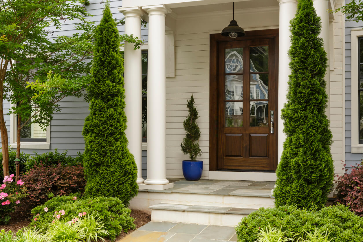 Front door entrance with manicured trees framing a tiled walkway that goes all the way to the doorway.