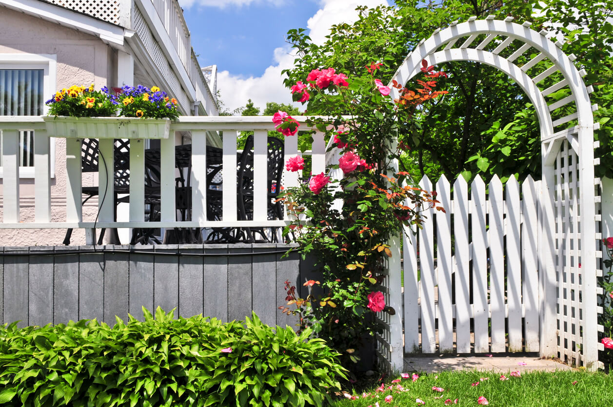 A backyard fence with a white, arched, arbor doorway.