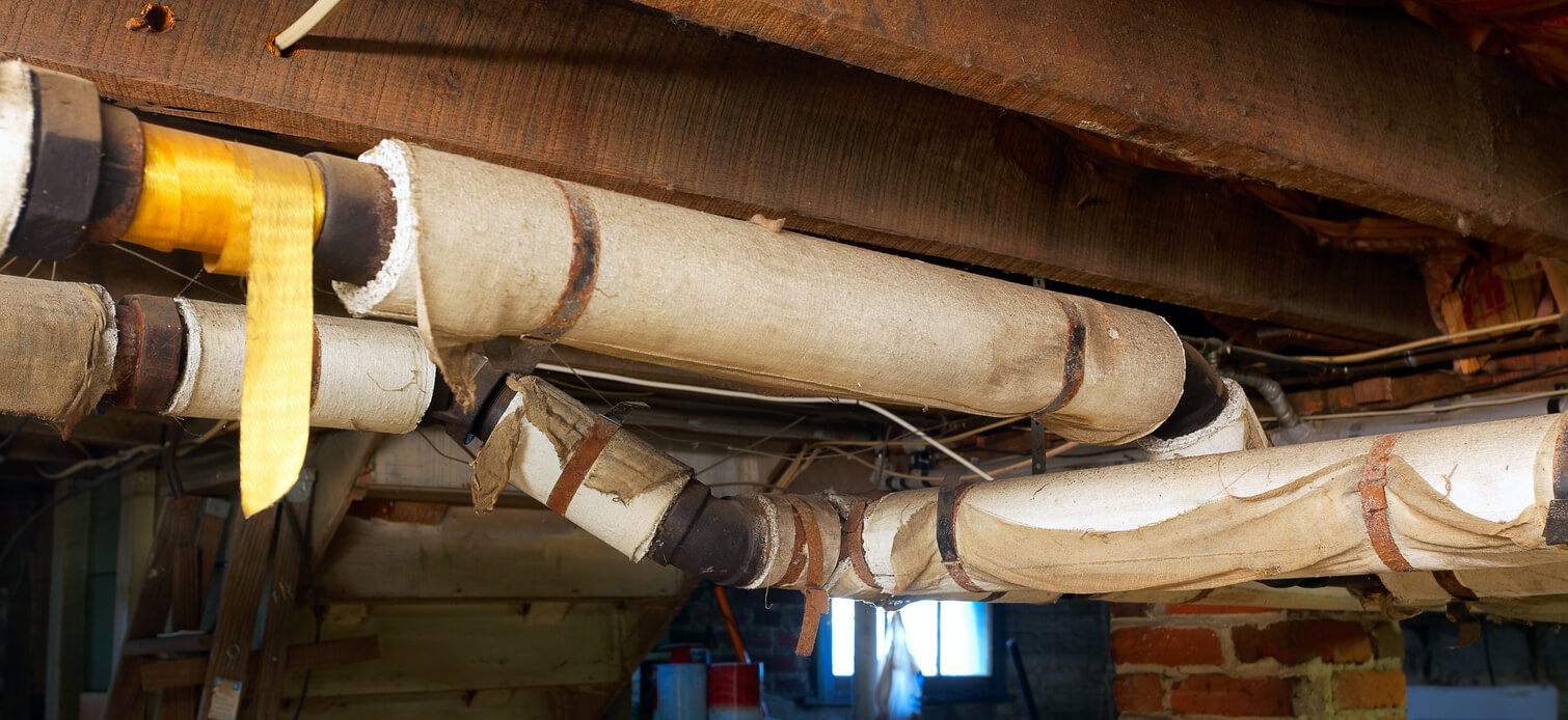 pipes with blanket insulation in a basement