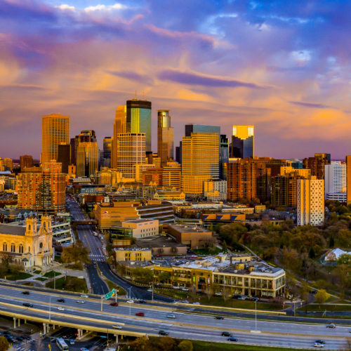 Panoramic view of the Minneapolis skyline at sunset